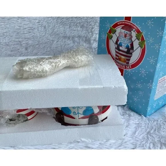 NIB NEW Boston Warehouse 7 PC HO HO HO Ceramic Santa Clause Fondue Set - Picture 4 of 14
